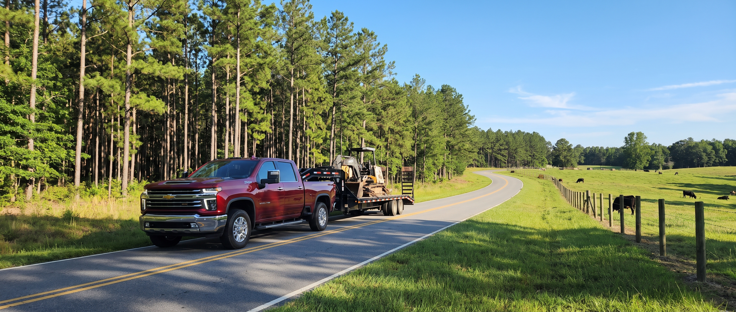 Chevrolet Silverado HD truck towing trailer on South Carolina road near Winnsboro, SC