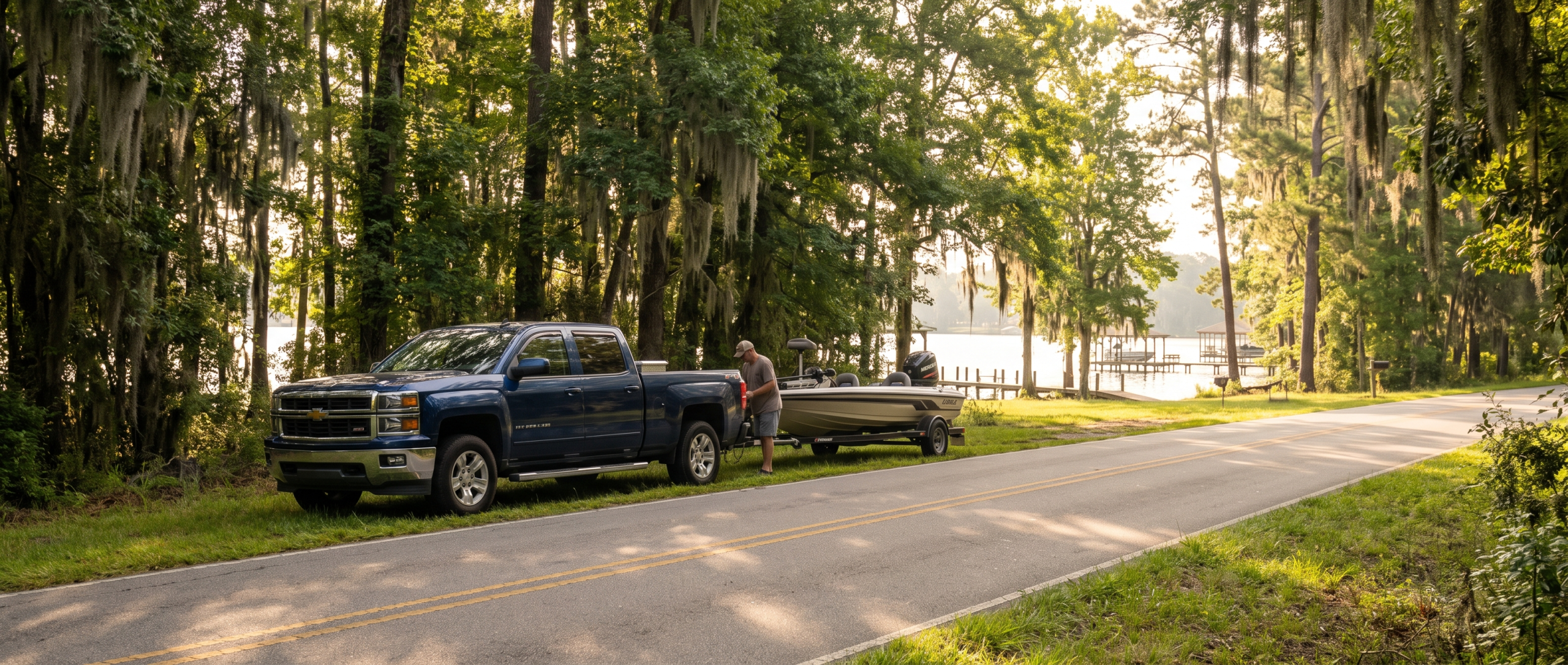 Chevrolet truck with boat trailer on a summer morning road near Lake Wateree, South Carolina