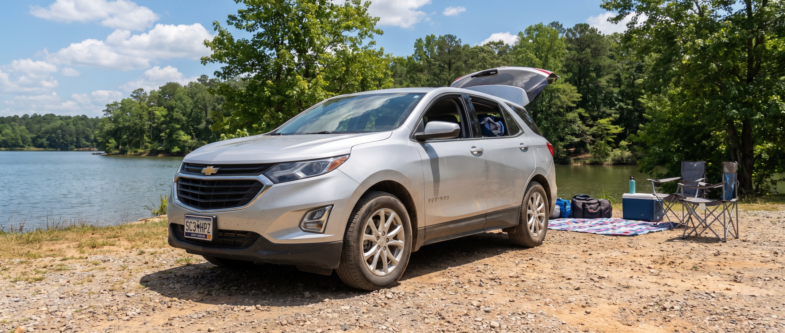 2021 Chevrolet Equinox parked near a South Carolina lake in summer