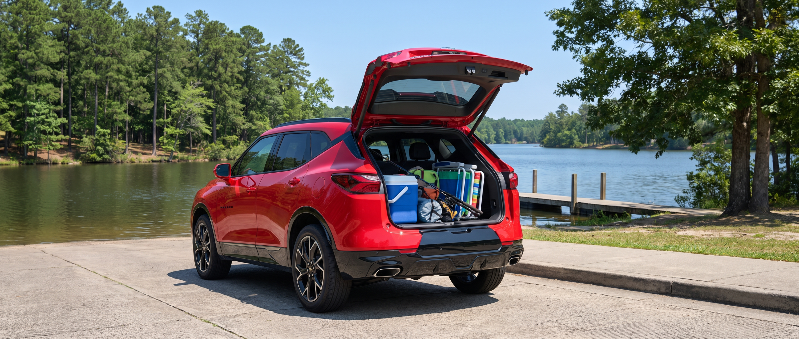2026 Chevrolet Blazer RS at a South Carolina lake boat ramp with open liftgate on a summer road trip