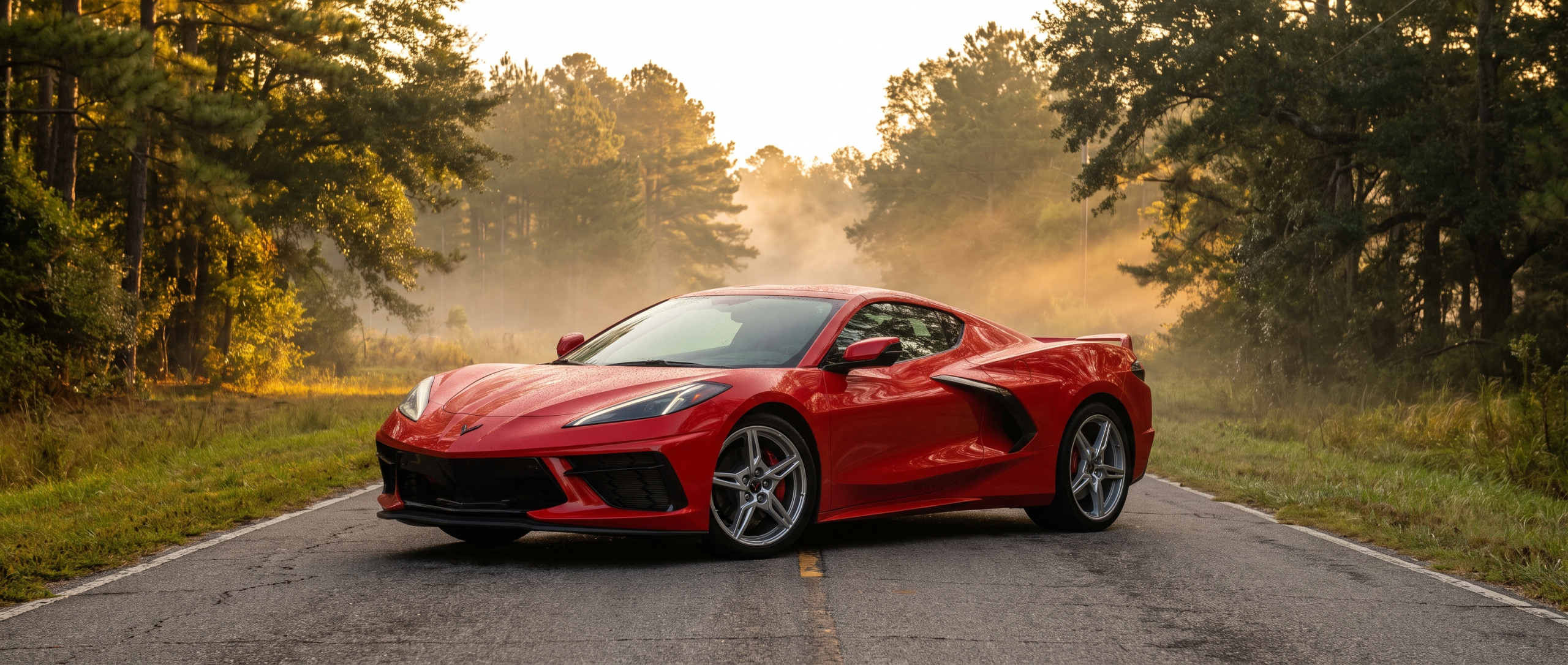 2026 Chevrolet Corvette Stingray on a South Carolina backroad at sunrise near Winnsboro