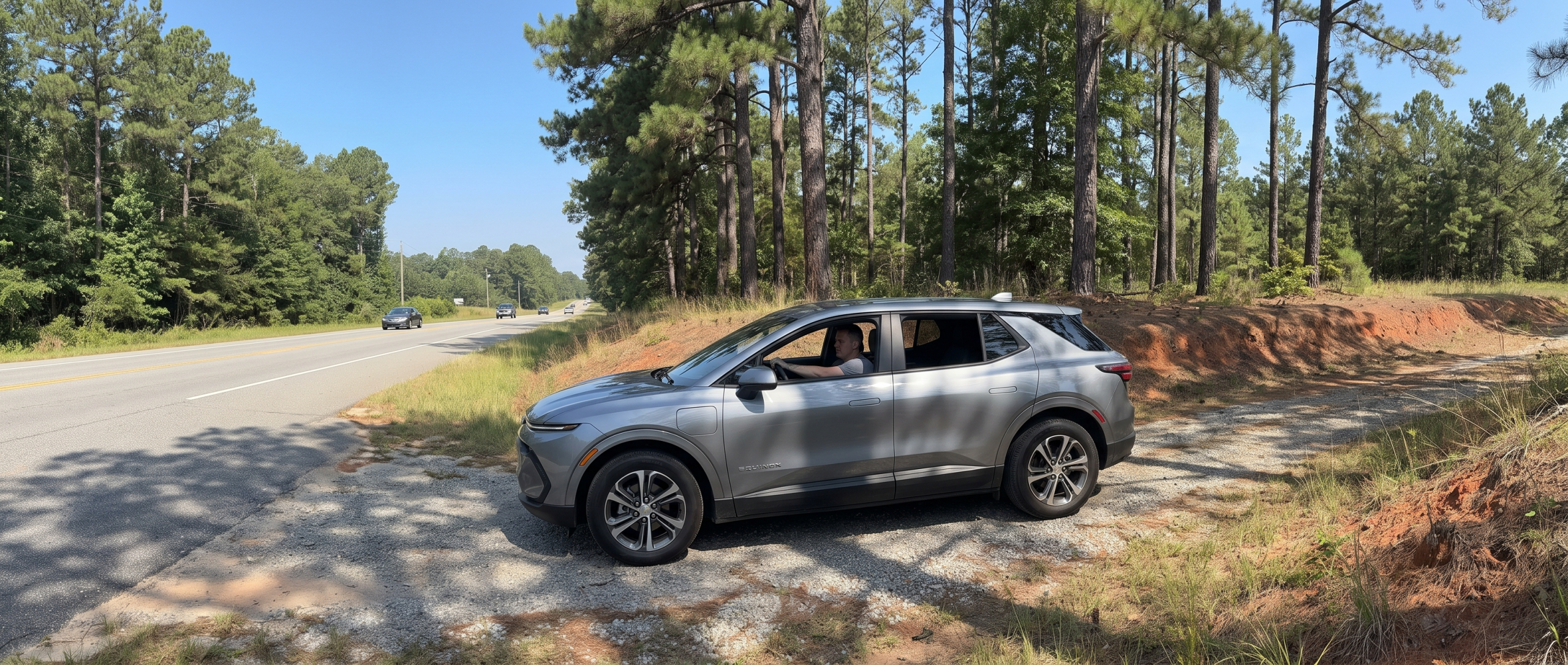 2026 Chevrolet Equinox on a summer day in Winnsboro, SC along US-321, surrounded by pine trees and a bright blue sky