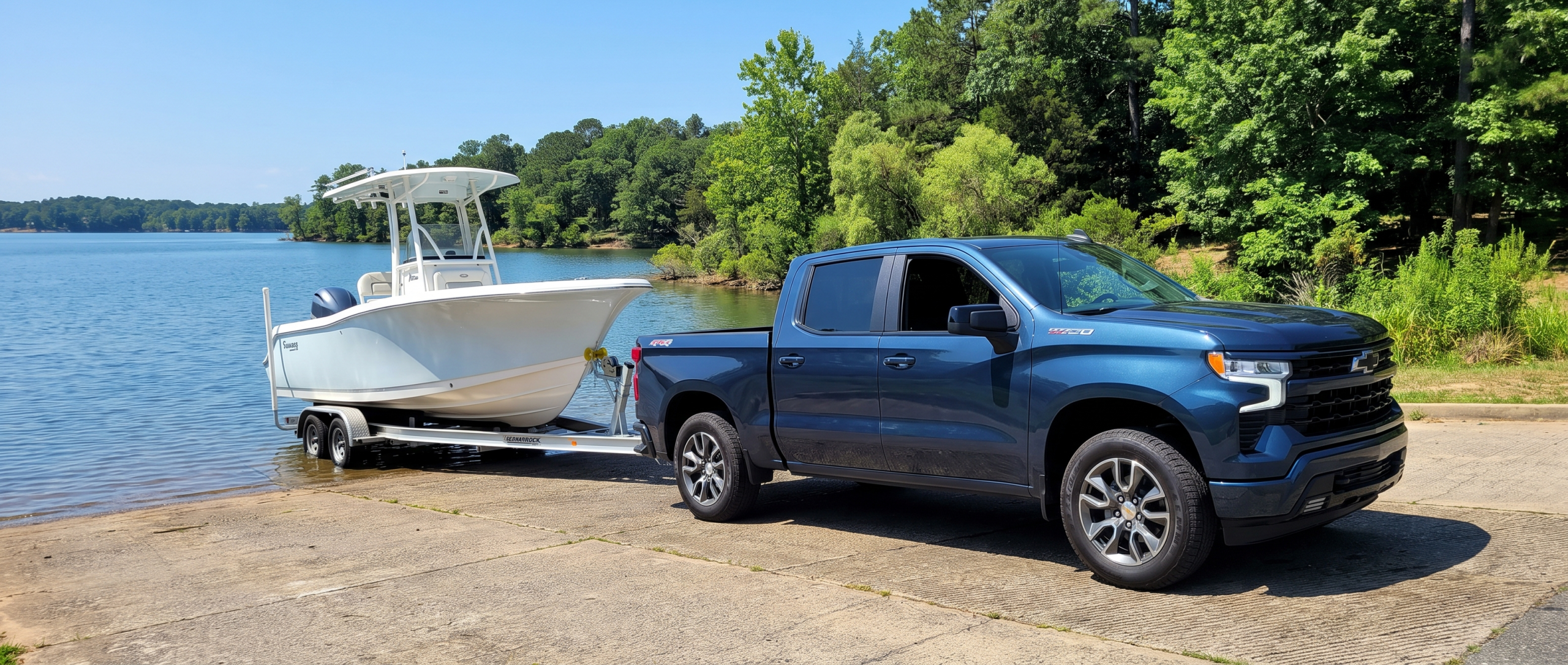 2026 Chevrolet Silverado 1500 towing a boat at Lake Wateree, South Carolina in July