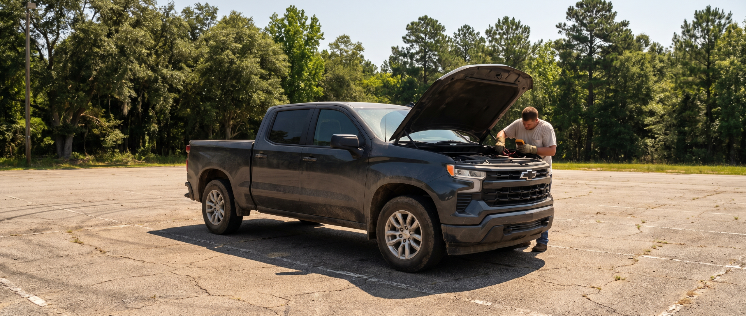 2026 Chevrolet Silverado 1500 with open hood during South Carolina summer battery inspection