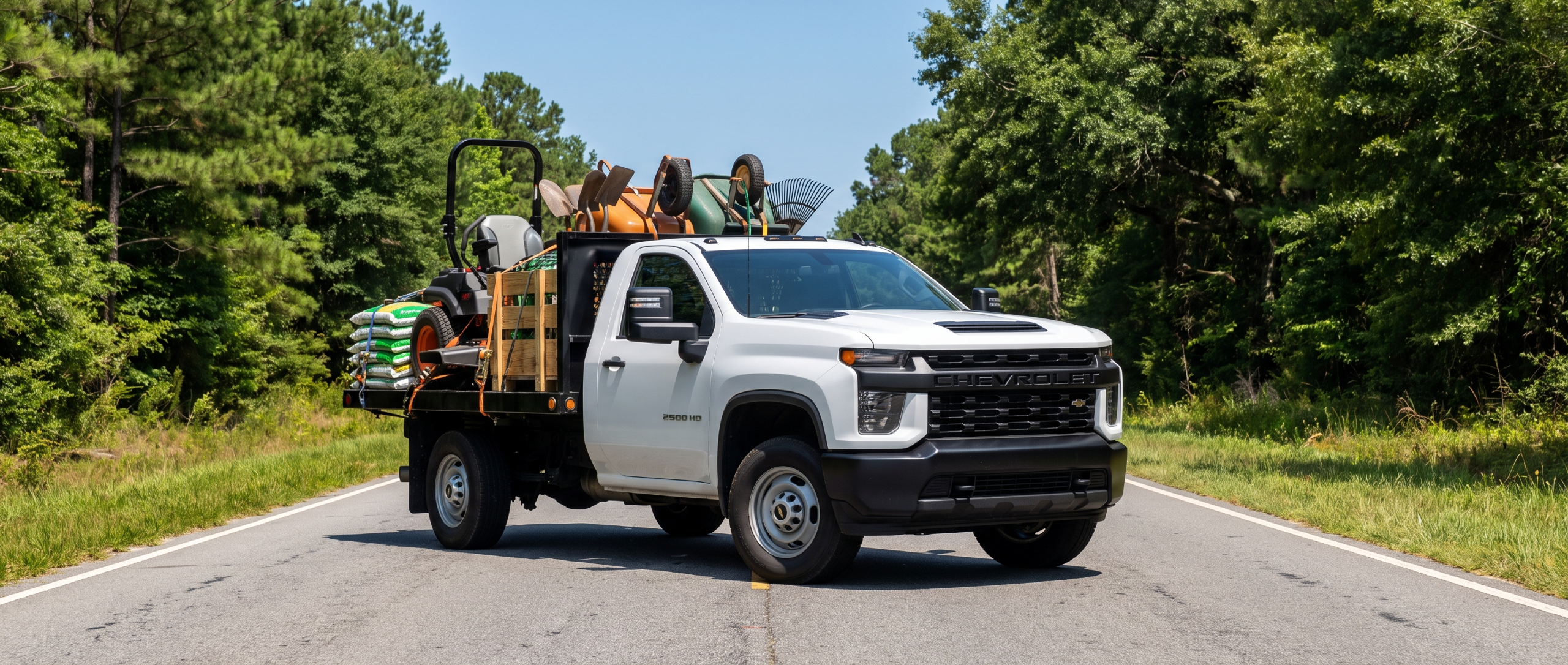 2026 Chevrolet Silverado 2500HD with loaded bed on a rural South Carolina road in summer