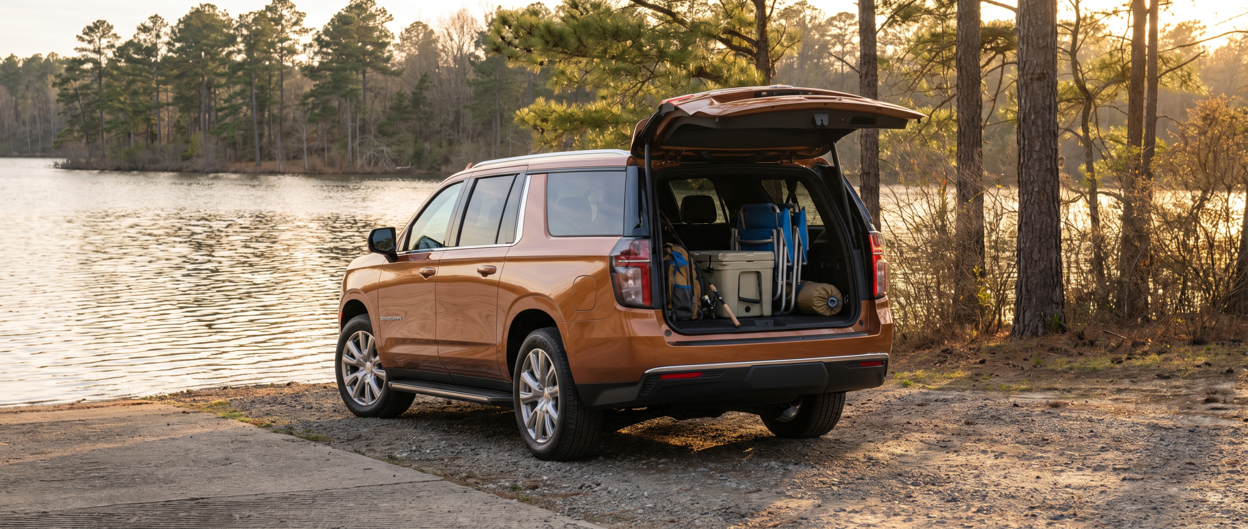 2026 Chevrolet Suburban at a South Carolina lake boat ramp with rear liftgate open and outdoor gear loaded