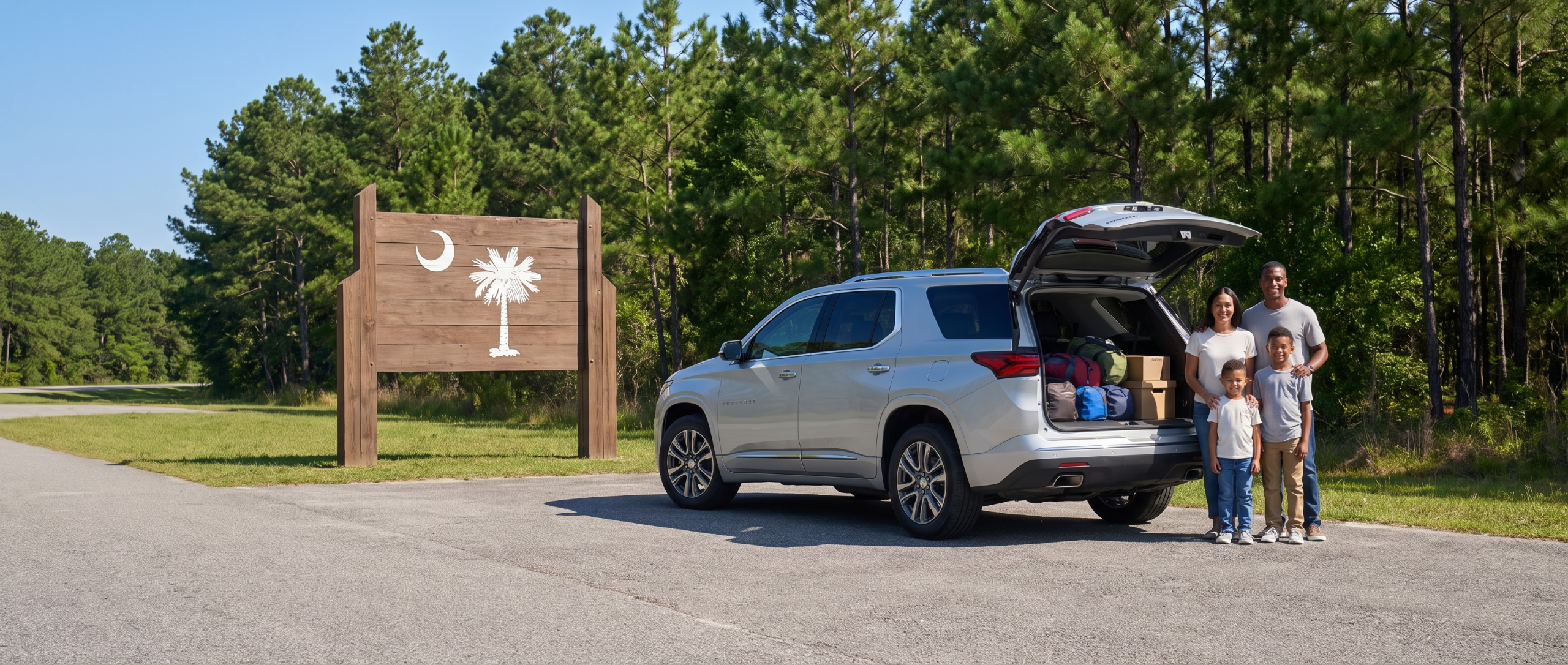 2026 Chevrolet Traverse parked near South Carolina welcome sign for military family PCS move to Columbia SC