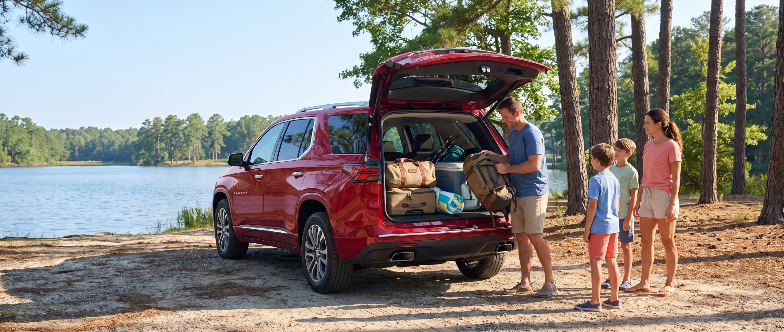 2026 Chevrolet Traverse with liftgate open at a South Carolina lake, family packing gear for a summer road trip