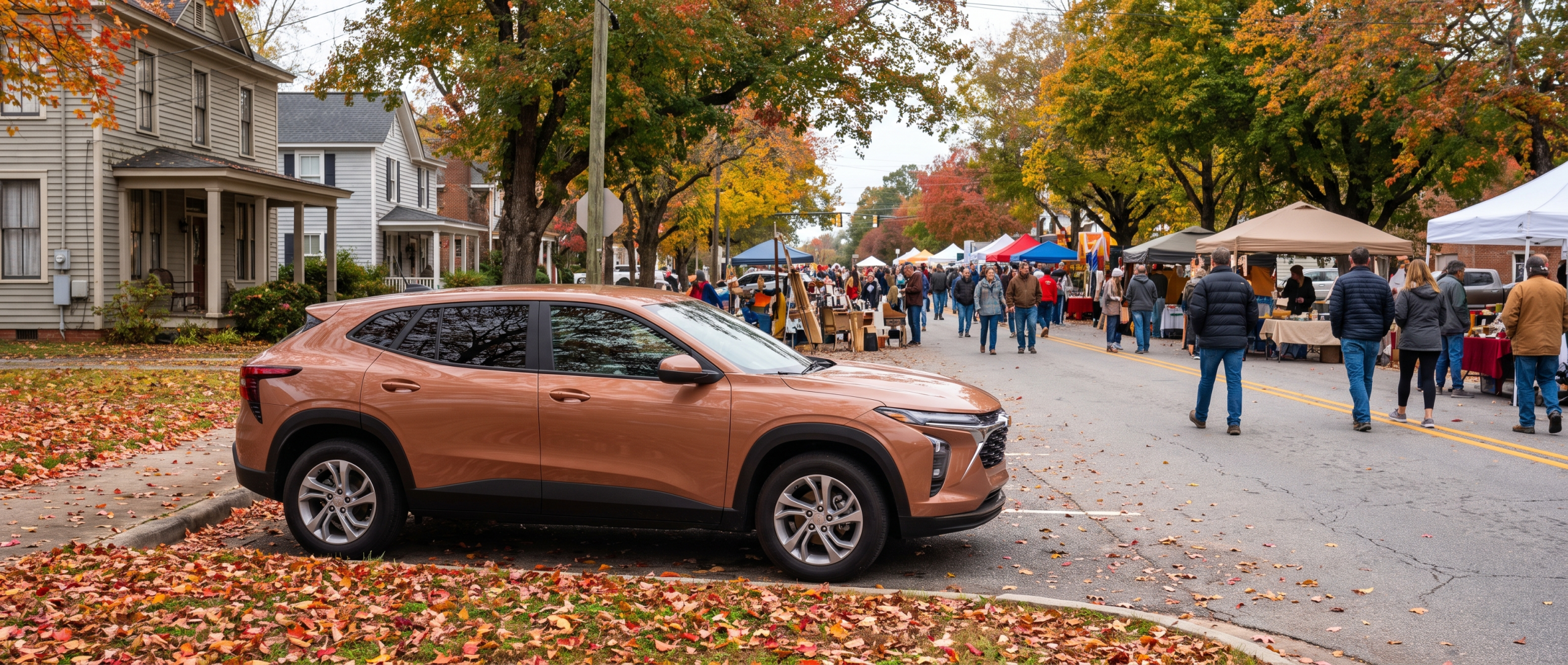 2026 Chevrolet Trax parked on a Ridgeway SC residential side street on a fall festival morning