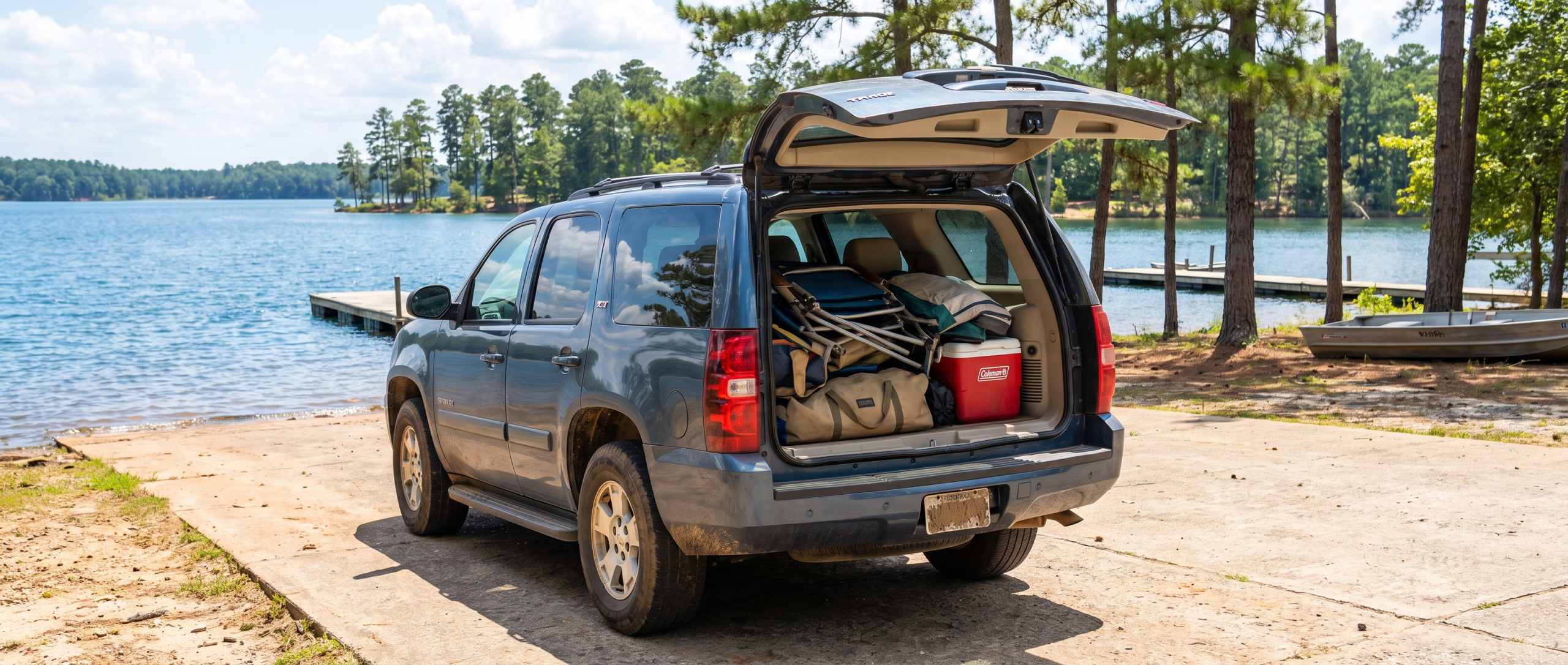 Used Chevrolet Tahoe at a South Carolina lake boat ramp with liftgate open for summer family travel