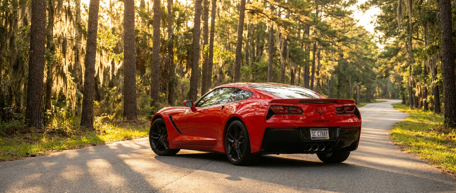 2019 Chevrolet Corvette Stingray in Torch Red on a South Carolina back road near Winnsboro