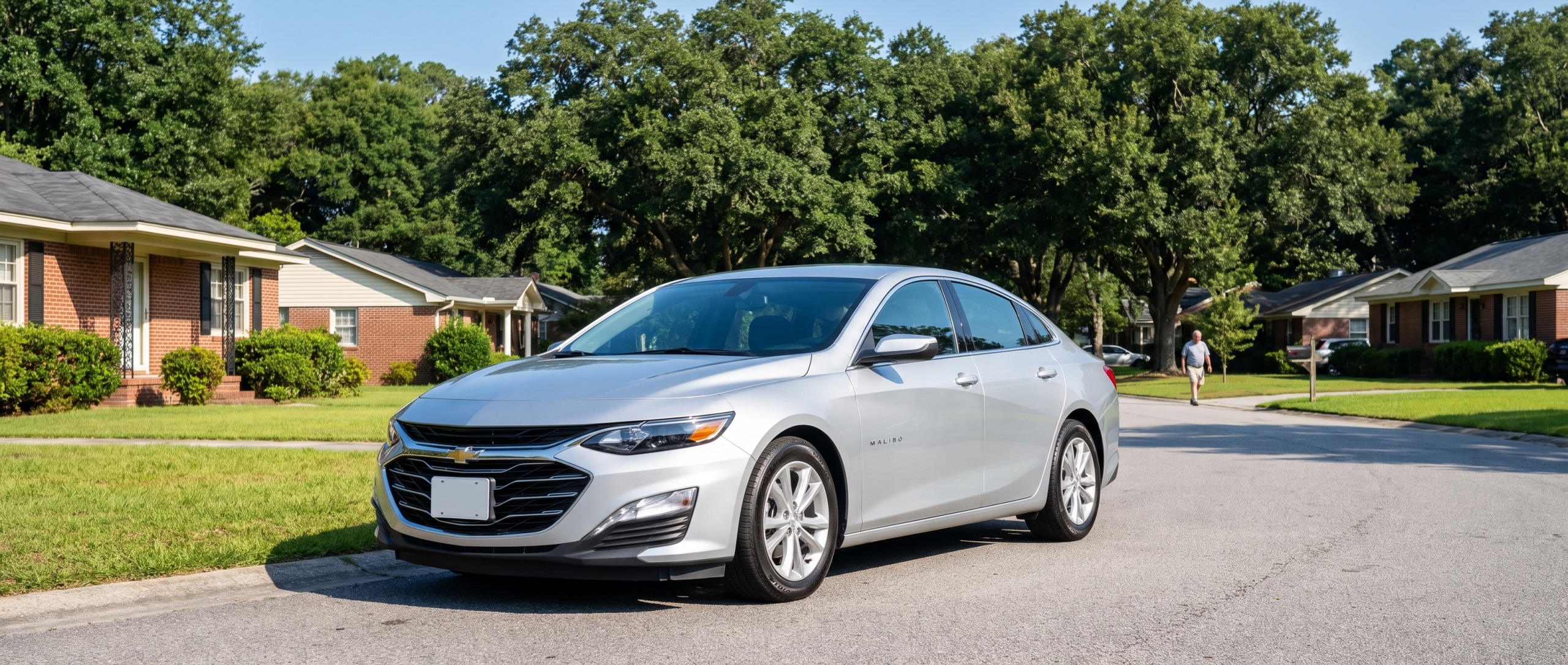 2025 Chevrolet Malibu sedan in silver parked on a South Carolina street near Columbia, ideal used commuter car for Midlands Technical College students