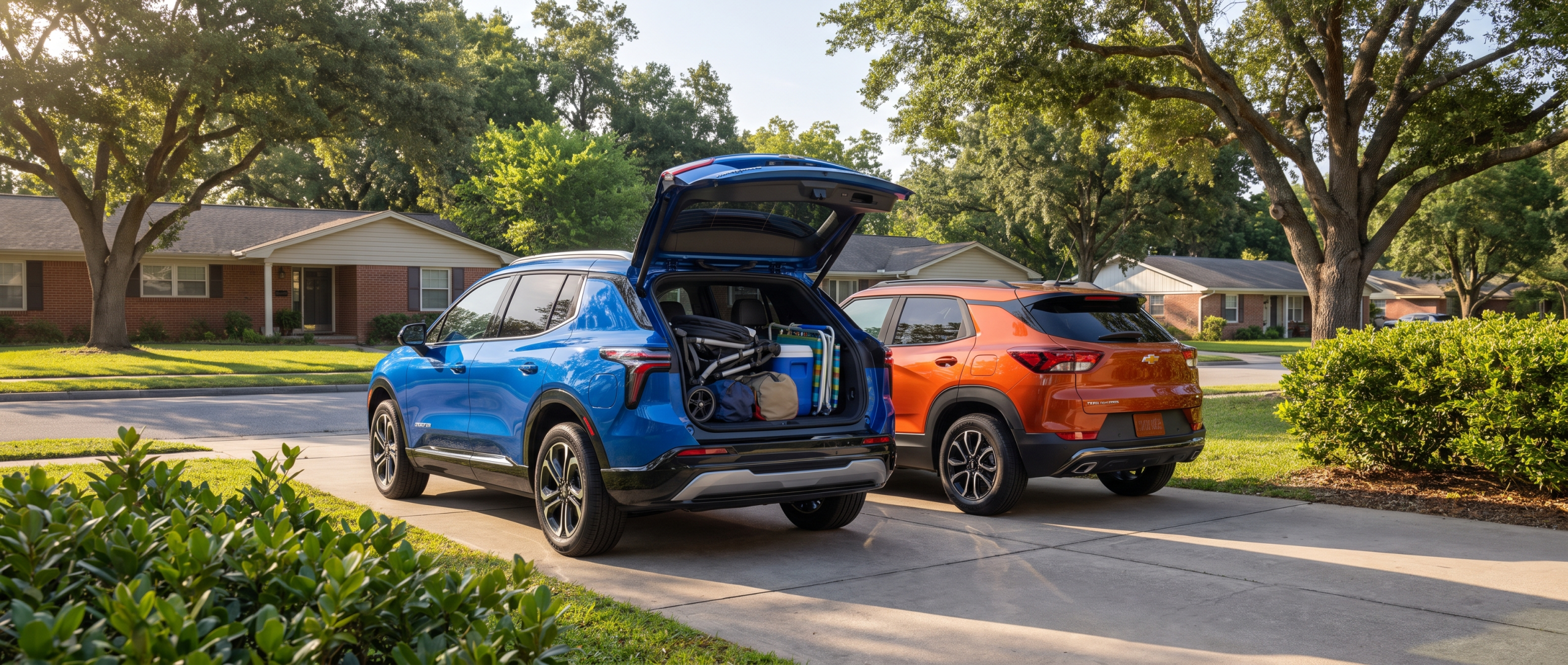 2026 Chevrolet Equinox and 2026 Chevrolet Trailblazer side by side with rear cargo area open, Fairfield County SC summer backdrop