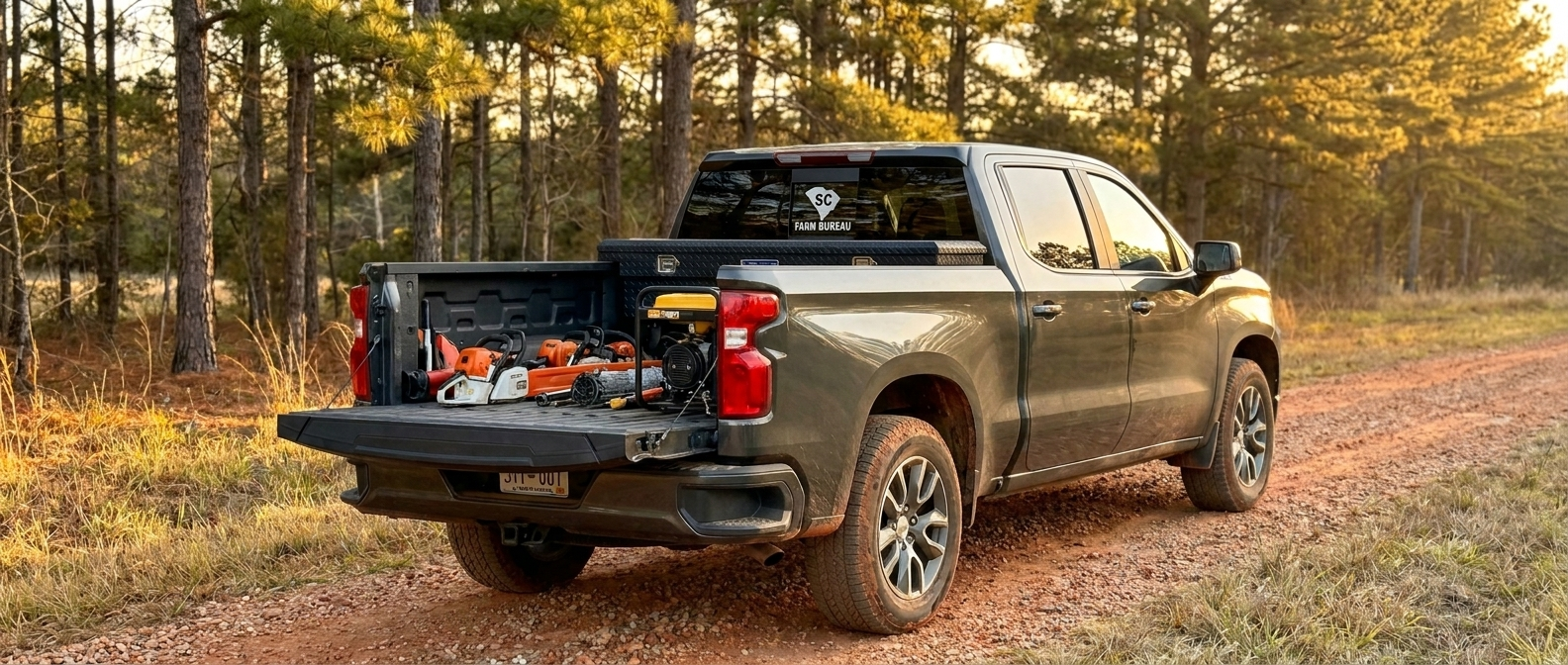 2026 Chevrolet Silverado 1500 crew cab on a South Carolina Midlands gravel road at late summer, prepared for fall work season