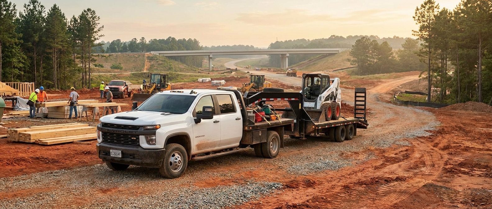 2026 Chevrolet Silverado 2500HD at a Blythewood SC construction site with a loaded equipment trailer