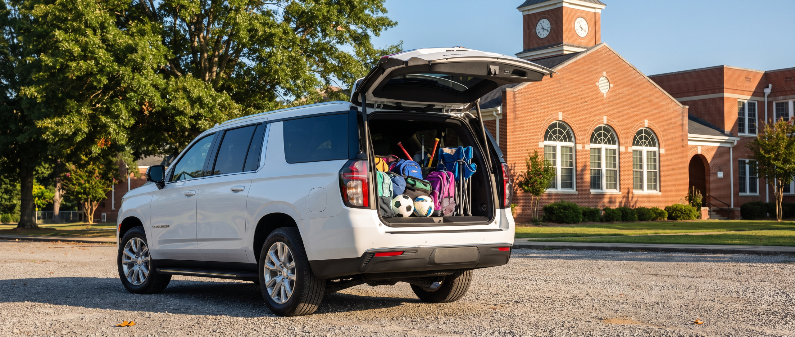 2026 Chevrolet Suburban with rear liftgate open outside a Winnsboro SC school on a sunny August morning