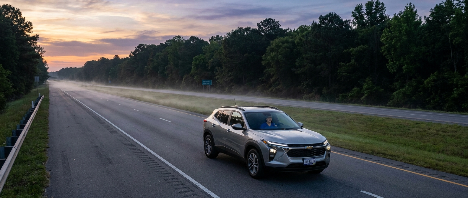 2026 Chevrolet Trailblazer driving south on I-77 in South Carolina at dawn with morning mist on the road
