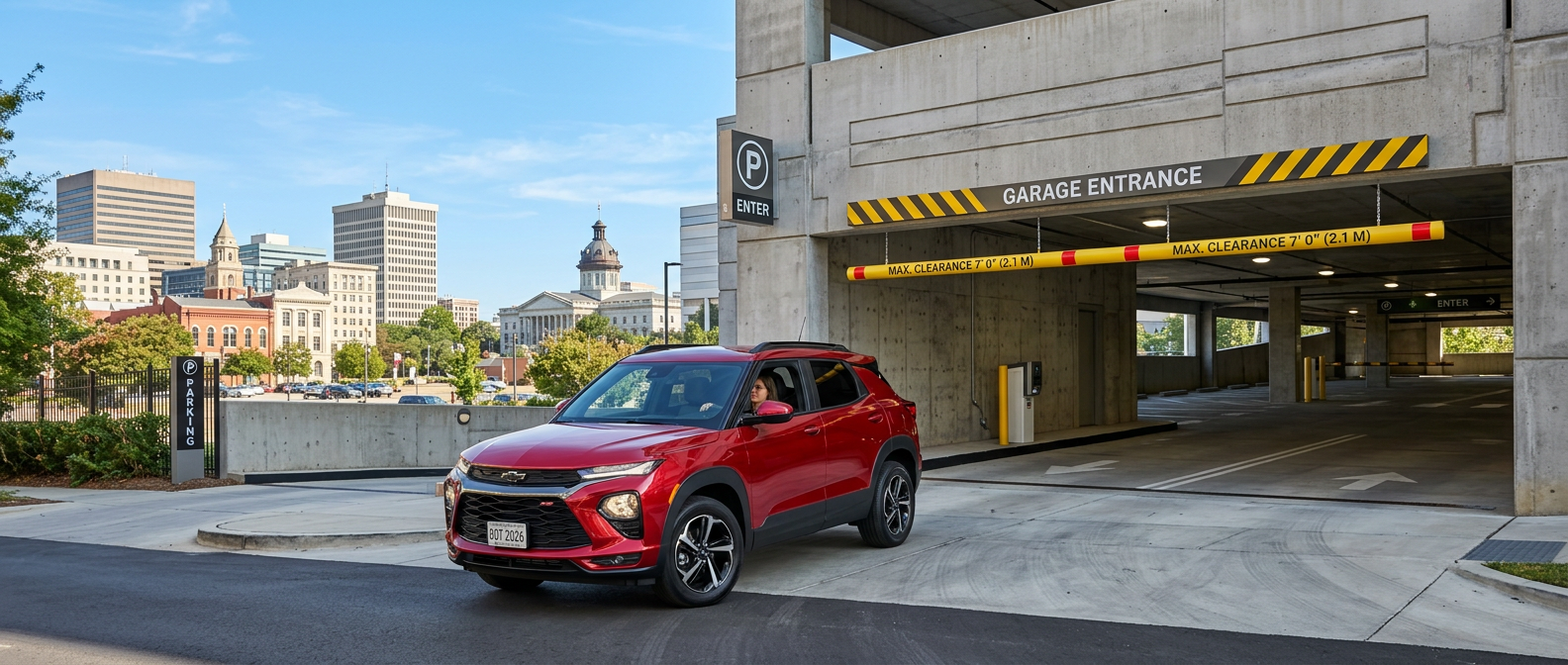 2026 Chevrolet Trailblazer entering a University of South Carolina area parking garage in Columbia SC