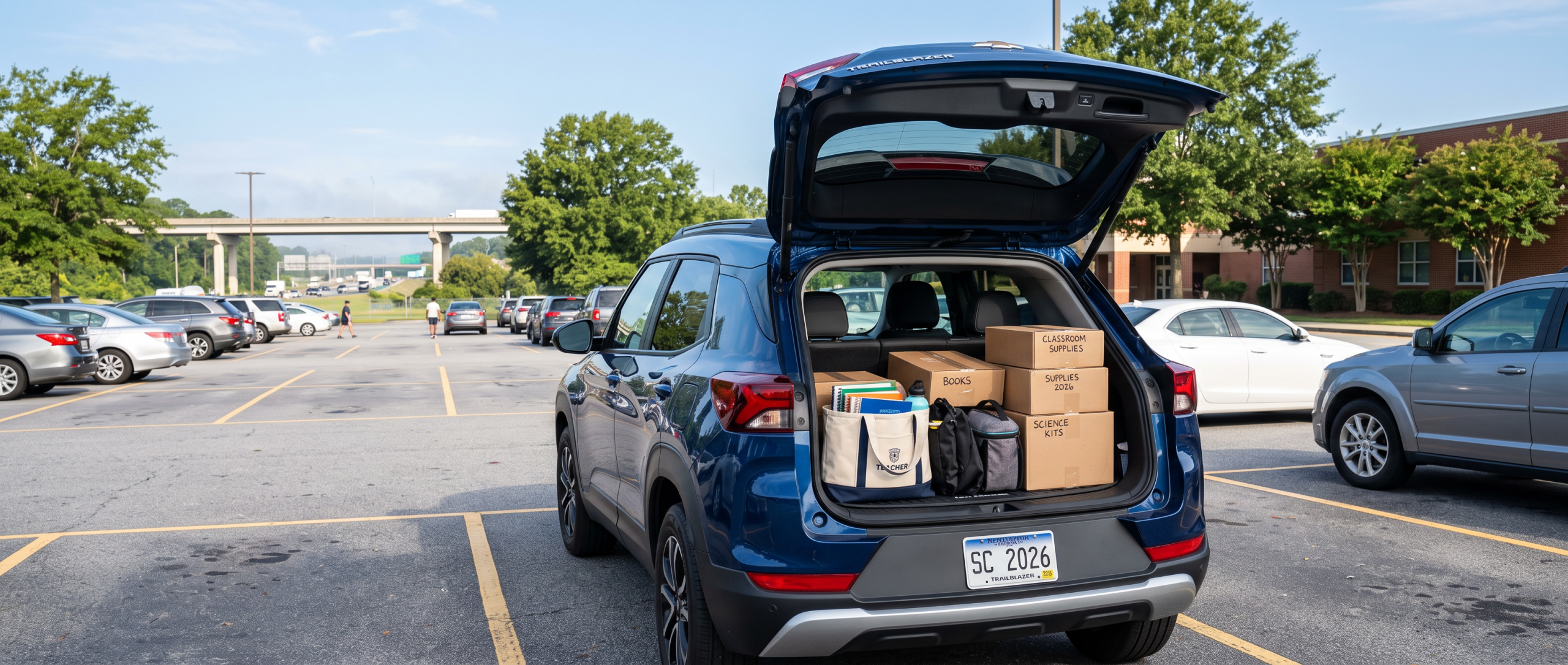 2026 Chevrolet Trailblazer with open cargo area in a Winnsboro SC school parking lot, rear seats up and storage boxes loaded for back-to-school