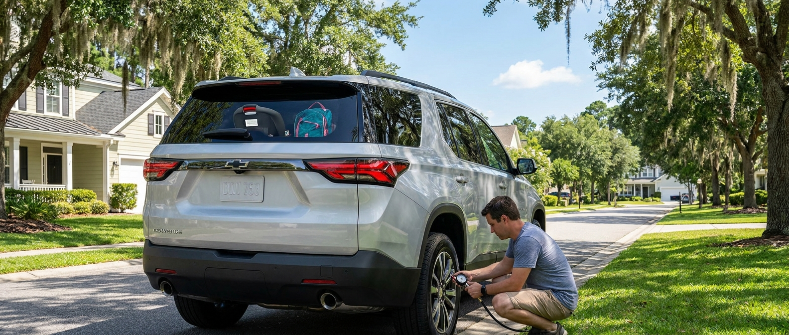 2026 Chevrolet Traverse tire pressure check by parent in Winnsboro SC summer morning