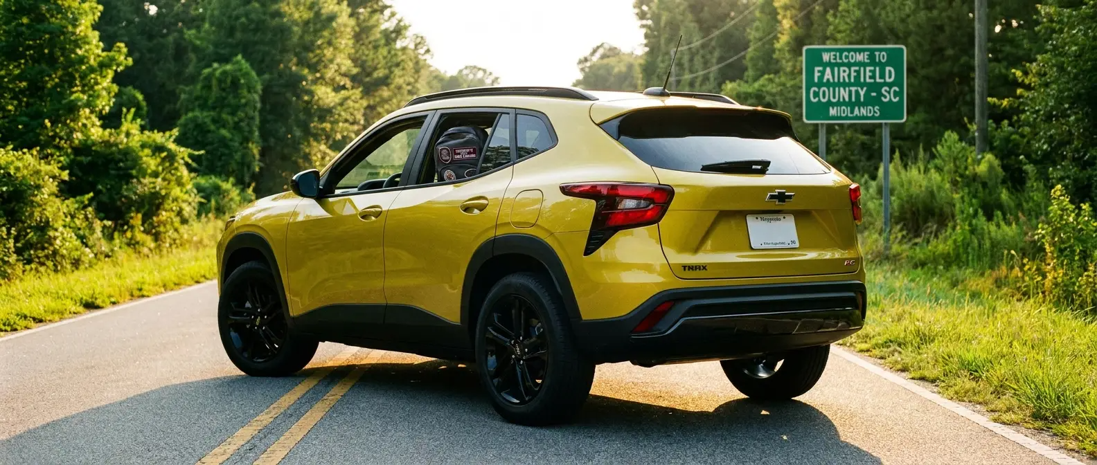 2026 Chevrolet Trax RS on a South Carolina road during back-to-school season in Fairfield County