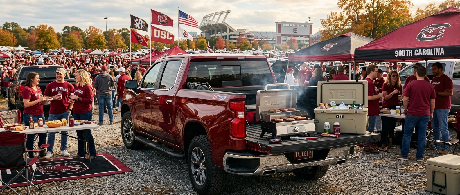 2026 Chevrolet Silverado 1500 Multi-Flex Tailgate open at a South Carolina Gamecock football tailgate