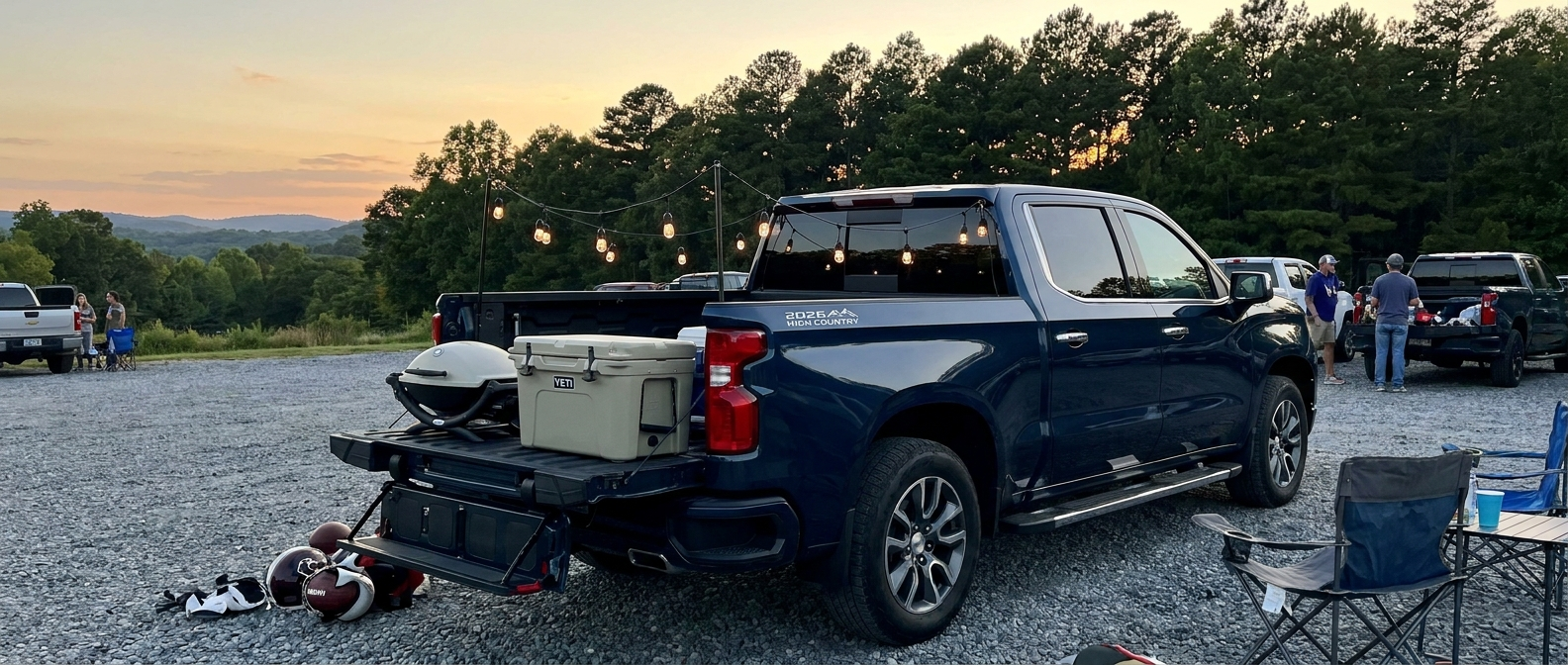 2026 Chevrolet Silverado 1500 with Multi-Flex Tailgate open at a Winnsboro SC football tailgate