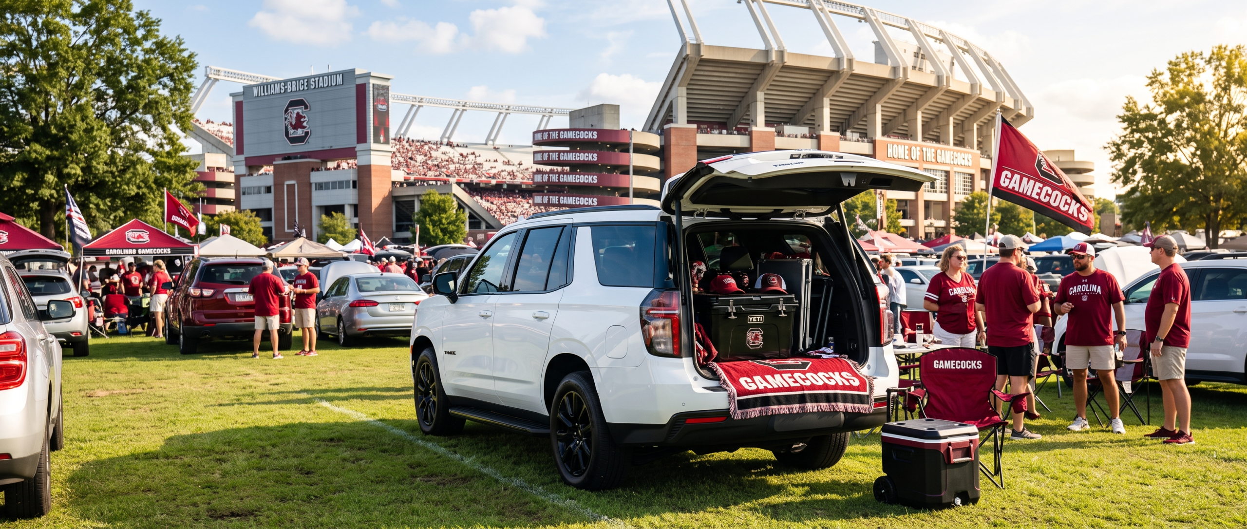 2026 Chevrolet Tahoe tailgating at Williams-Brice Stadium in Columbia SC with cargo area open for game day gear
