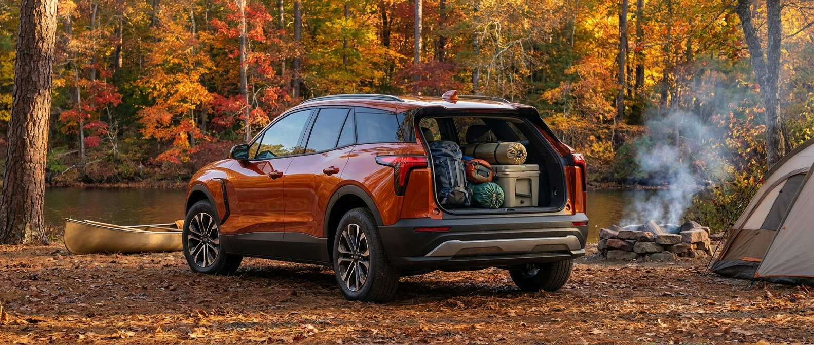 2026 Chevrolet Blazer loaded with camping gear at a fall lakeside campsite in South Carolina
