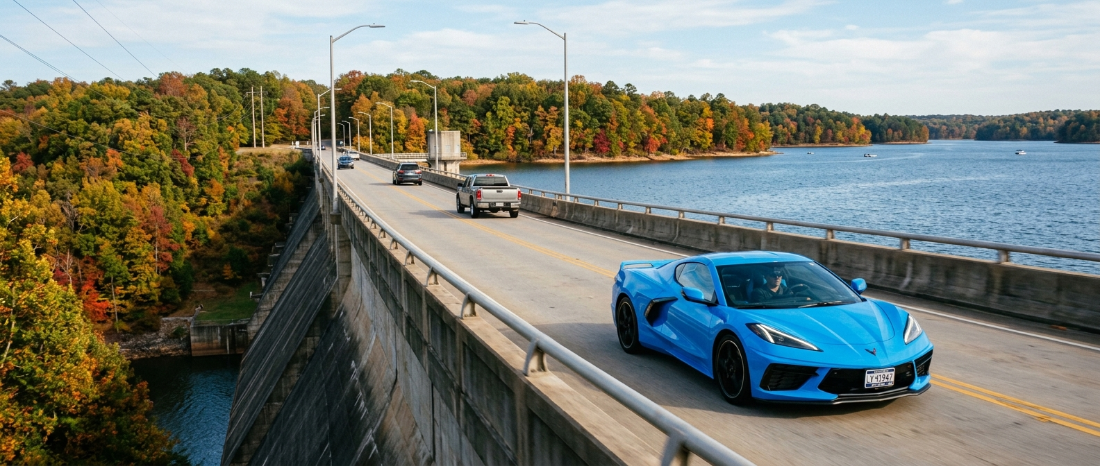 2026 Chevrolet Corvette Stingray on SC Highway 6 crossing Lake Murray Dam in fall, Lexington County South Carolina