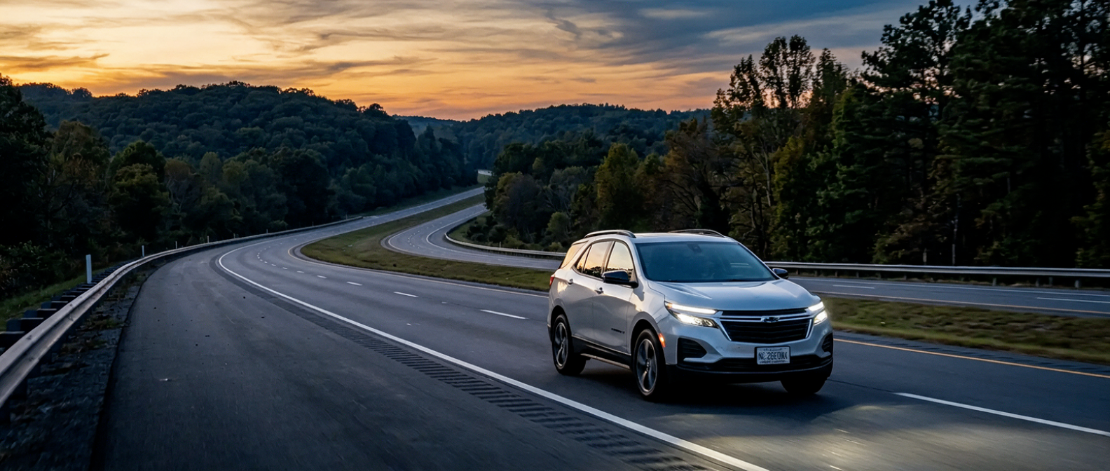 2026 Chevrolet Equinox on I-77 in Winnsboro SC at dusk with headlights on