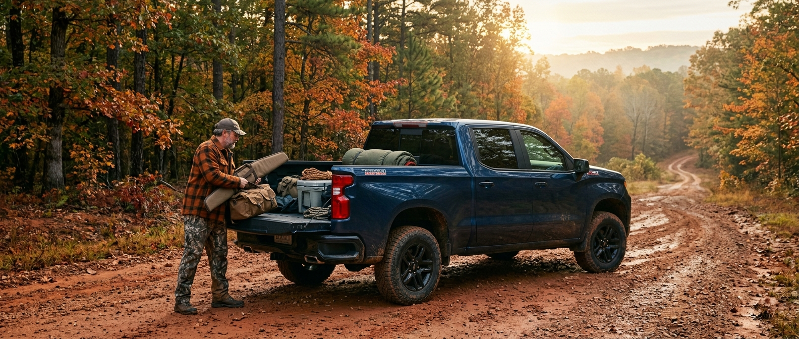 2026 Chevrolet Silverado 1500 Trail Boss loaded with hunting gear on a Fairfield County forest road at dawn