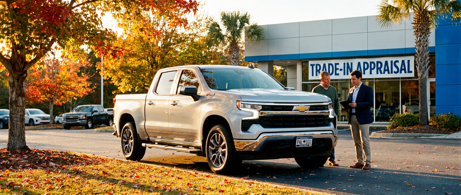 2026 Chevrolet Silverado 1500 at Wilson Chevrolet in Winnsboro SC on a clear October afternoon awaiting trade-in appraisal