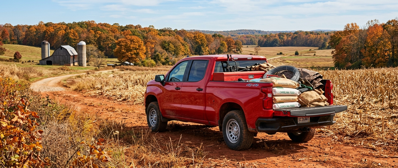 2026 Chevrolet Silverado 1500 on red-clay farmland in Winnsboro SC during fall harvest season