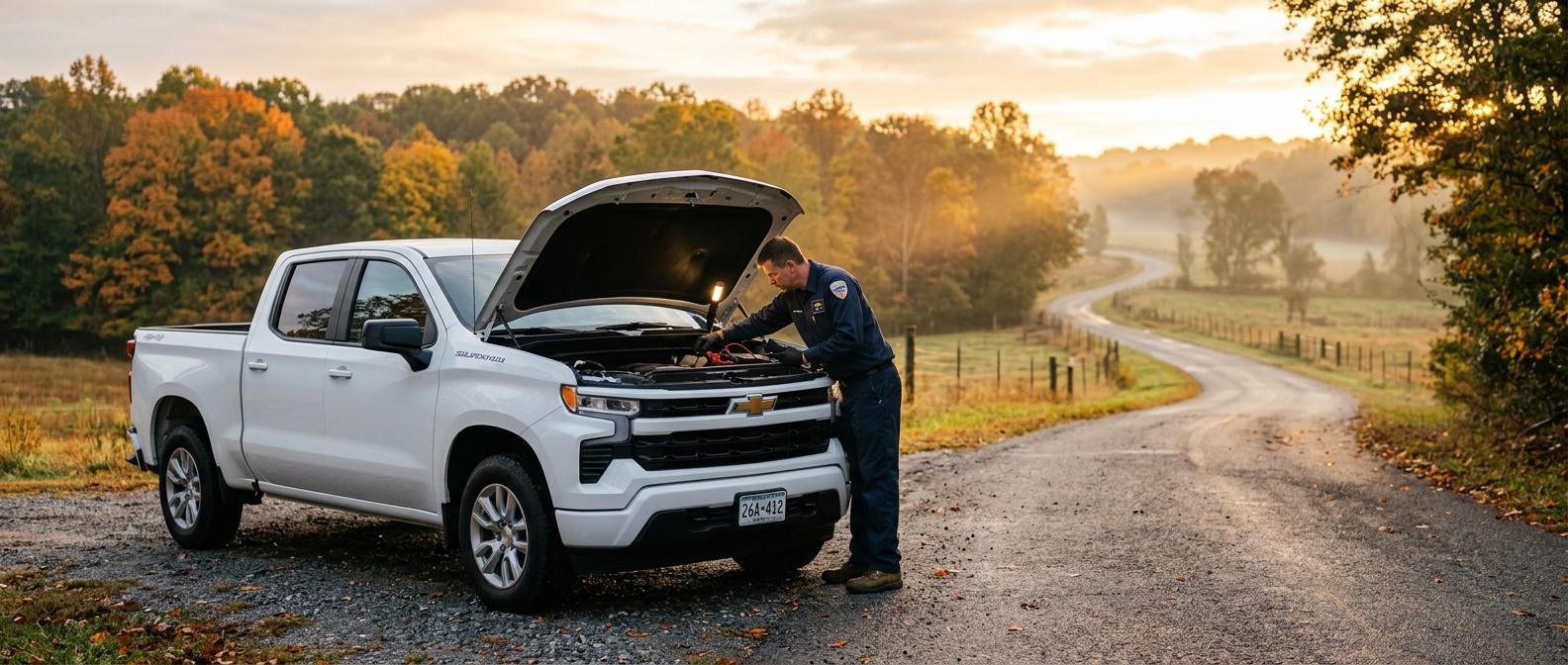 2026 Chevrolet Silverado 1500 with hood open for battery inspection on a fall morning in Winnsboro, SC_1