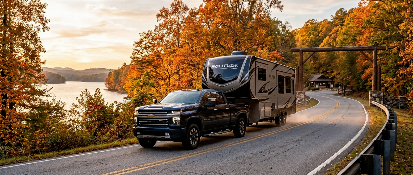 2026 Chevrolet Silverado 2500HD towing a fifth-wheel camper on a fall drive to Lake Wateree State Park in South Carolina