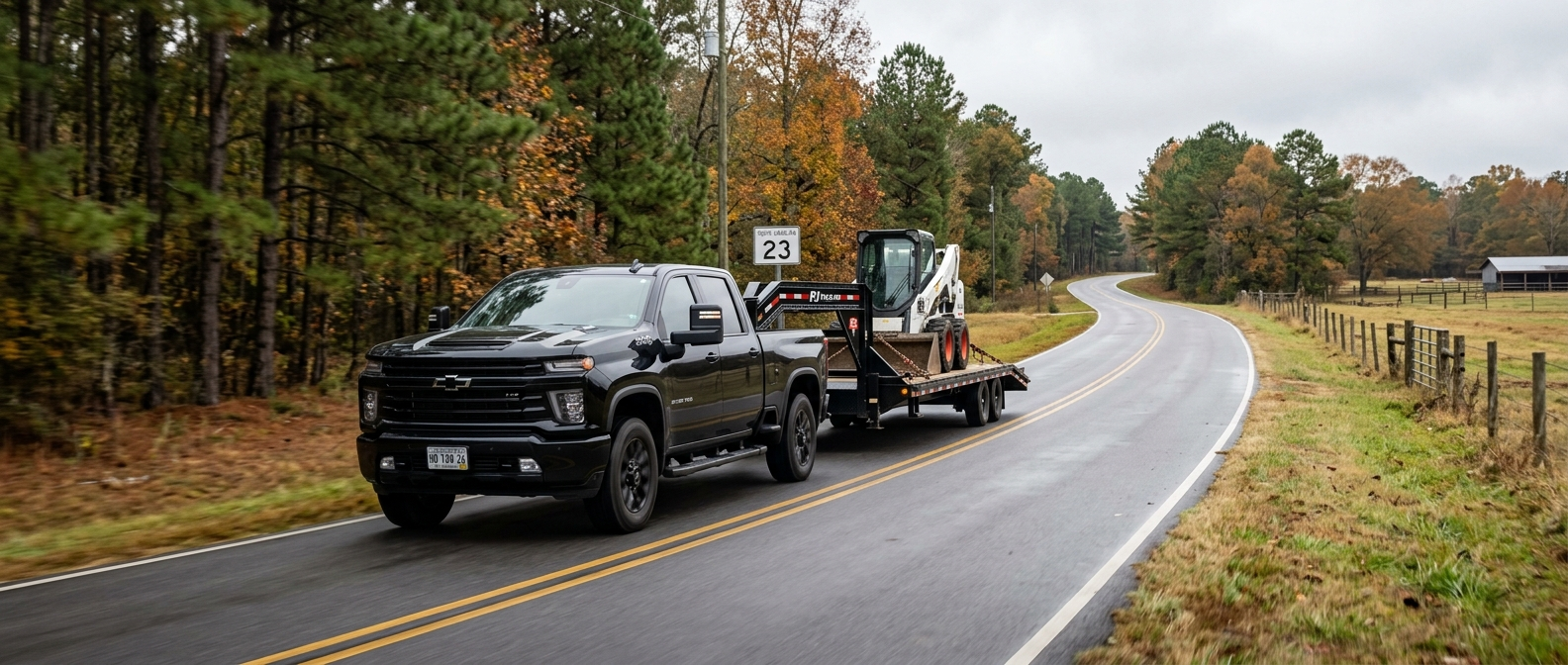 2026 Chevrolet Silverado 2500 HD towing an equipment trailer on a rural Fairfield County, SC highway near Ridgeway