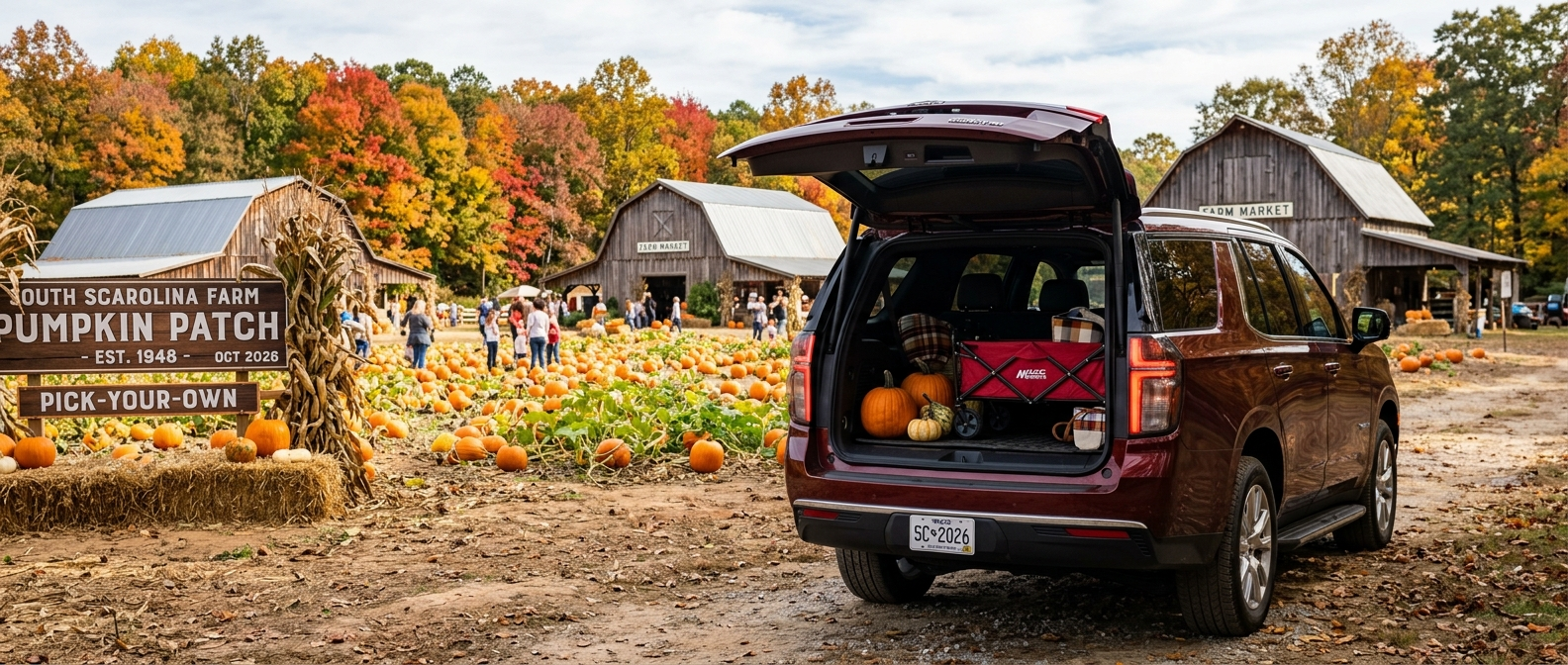 2026 Chevrolet Tahoe with open cargo area at a fall pumpkin patch in Fairfield County, South Carolina