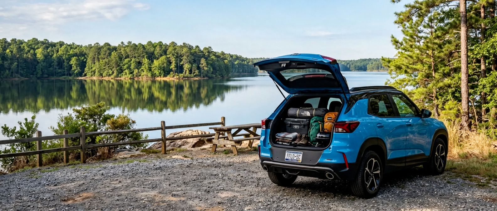 2026 Chevrolet Trailblazer at Lake Wateree South Carolina with liftgate open packed for a weekend trip