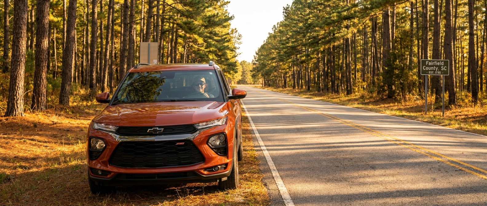 2026 Chevrolet Trailblazer on a rural Fairfield County SC road, ideal safety tech for new drivers