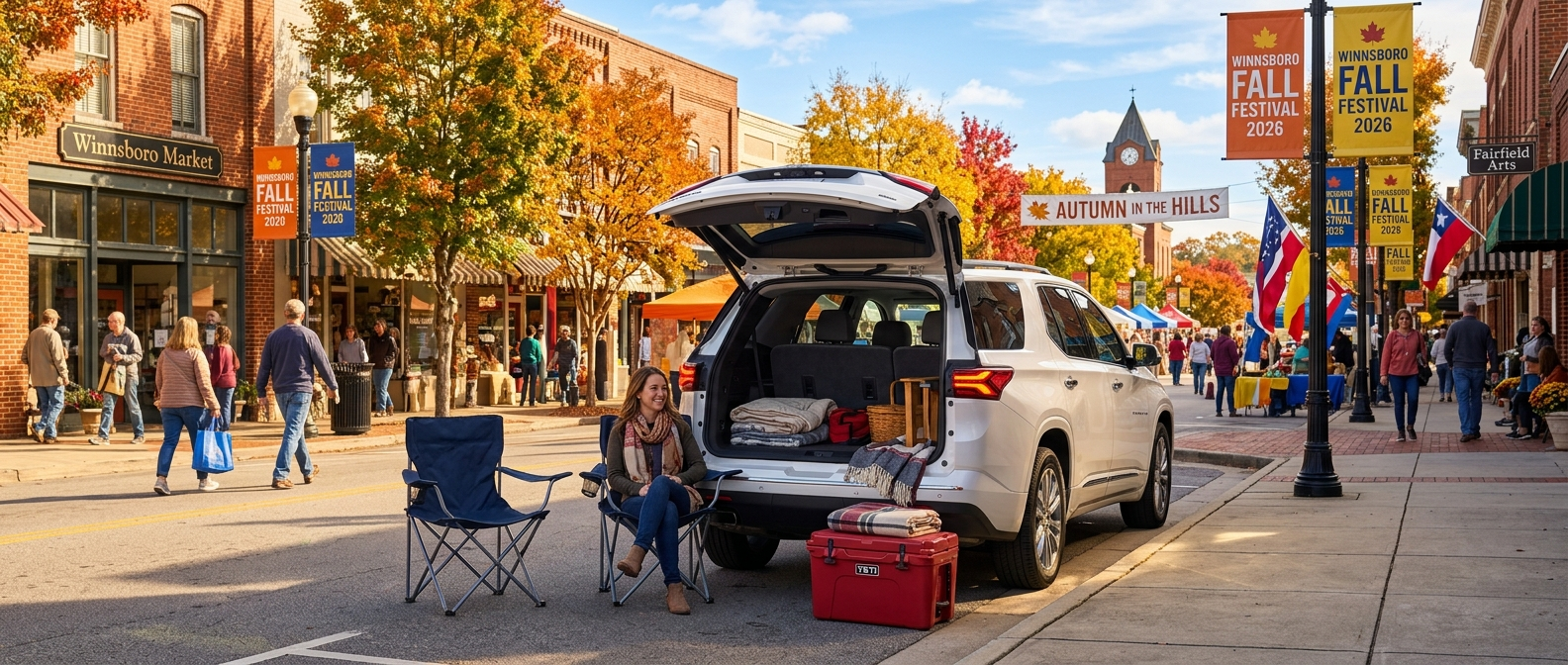 2026 Chevrolet Traverse parked in downtown Winnsboro SC during fall festival season with liftgate open