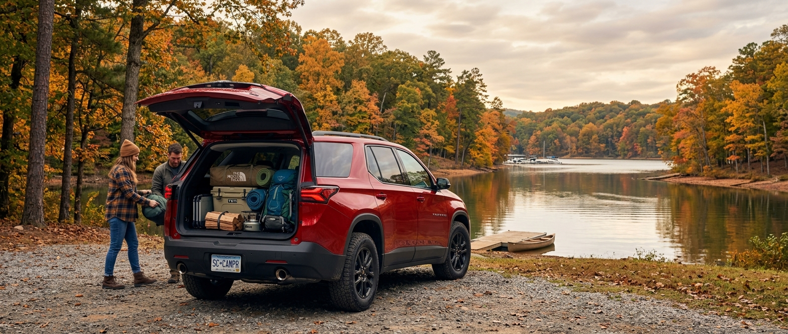 2026 Chevrolet Traverse with liftgate open at a South Carolina lake during fall, loaded with outdoor gear for a family outing