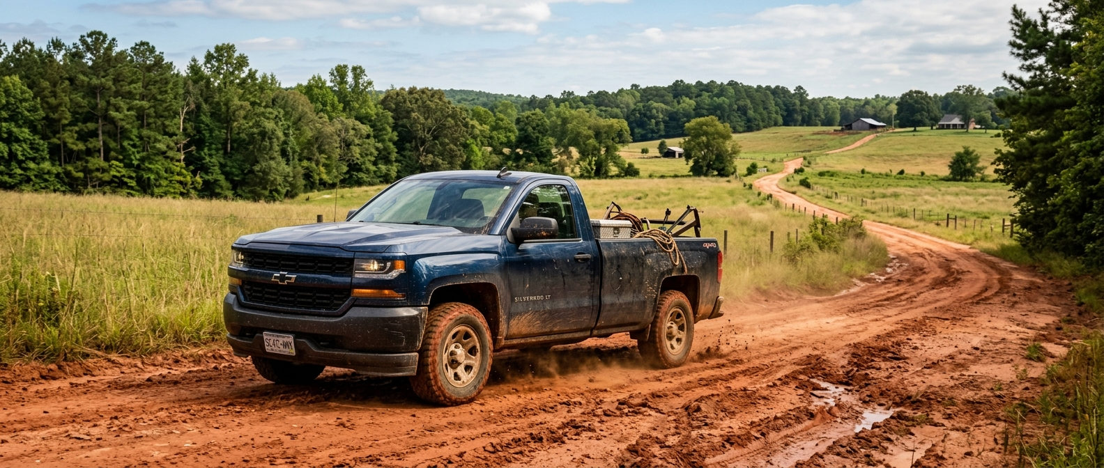 Used Chevrolet Silverado 1500 LT 4WD work truck on a red clay farm road near Winnsboro, SC