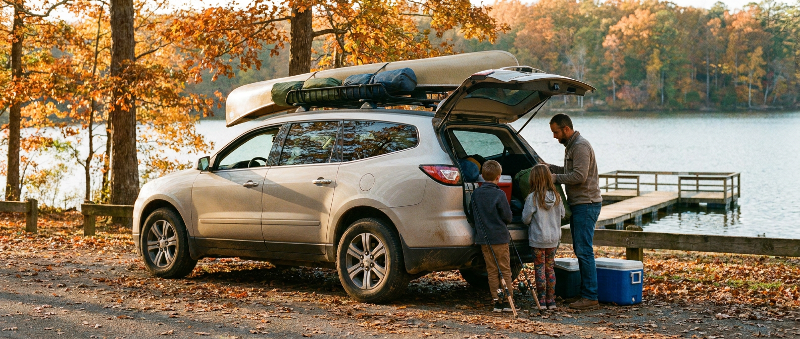 Used Chevrolet Traverse at a South Carolina lake recreation area in fall, family loading gear into the cargo area, autumn foliage in the background